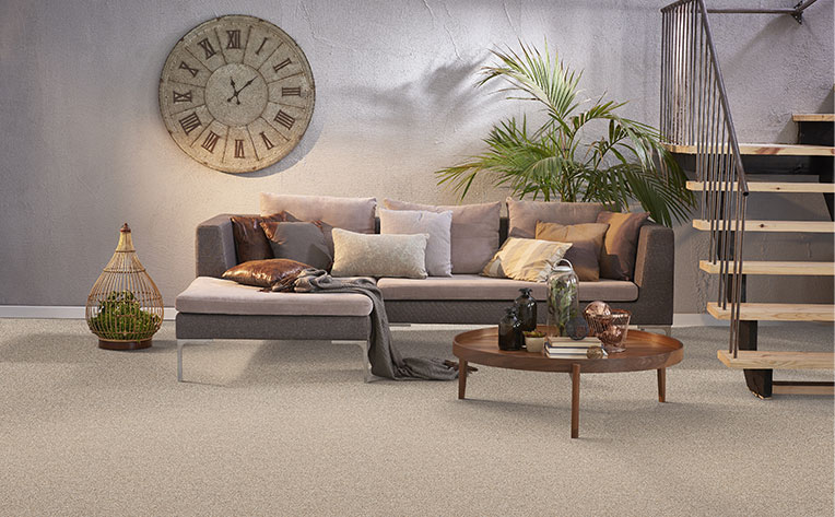 basement area with grey couch and carpet